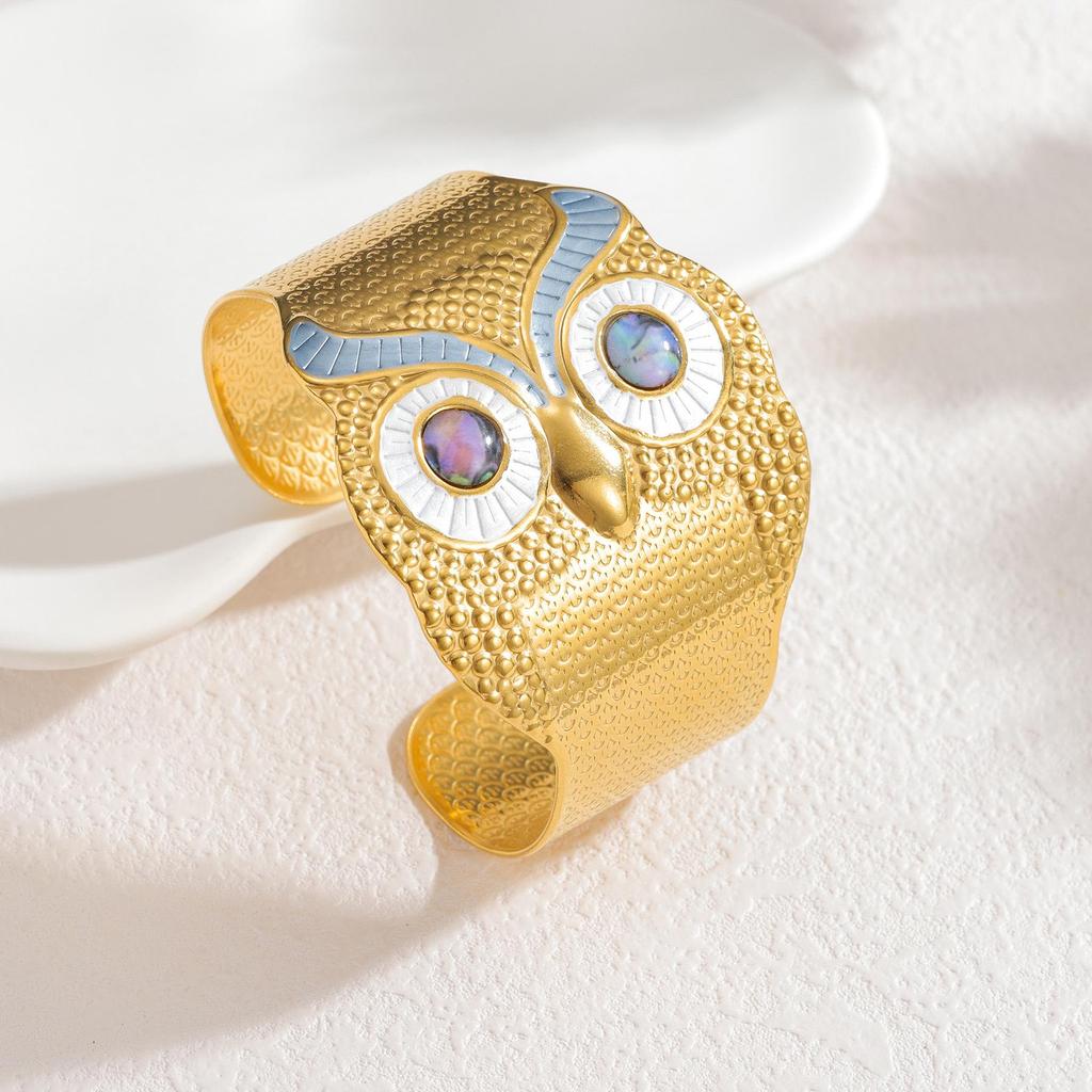 Браслет-манжета из титановой стали с эмалью в виде совы - Художественный и милый модный браслет