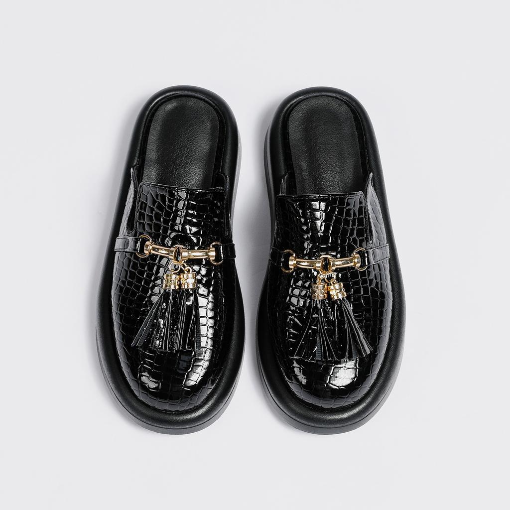 Женские сабо с круглым носком на плоской подошве, на платформе с кисточками и металлическими украшениями, женская модная повседневная обувь, летняя черная, темно-коричневая 43