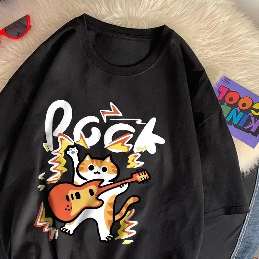 Summer Kid Clothes Rock Hip Hop Cat Cartoons Prints Kids Tshirt Loose O-Neck Comfortable Casual Short sleeve Children's Clothing