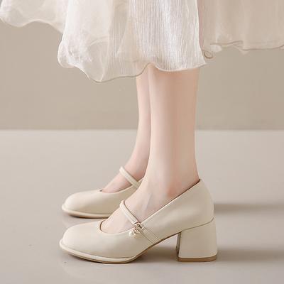 Модные бежевые туфли Мэри Джейн на толстом каблуке, женские туфли 2024 года с пряжкой и квадратным носком, женские туфли из искусственной кожи на среднем каблуке