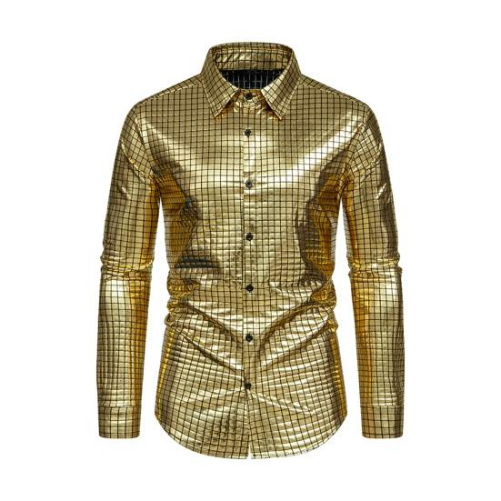 Мужская клубная рубашка с глянцевым отложным воротником и длинными рукавами, однобортная однобортная рубашка свободного покроя с пуговицами, костюм средней длины для сценического шоу