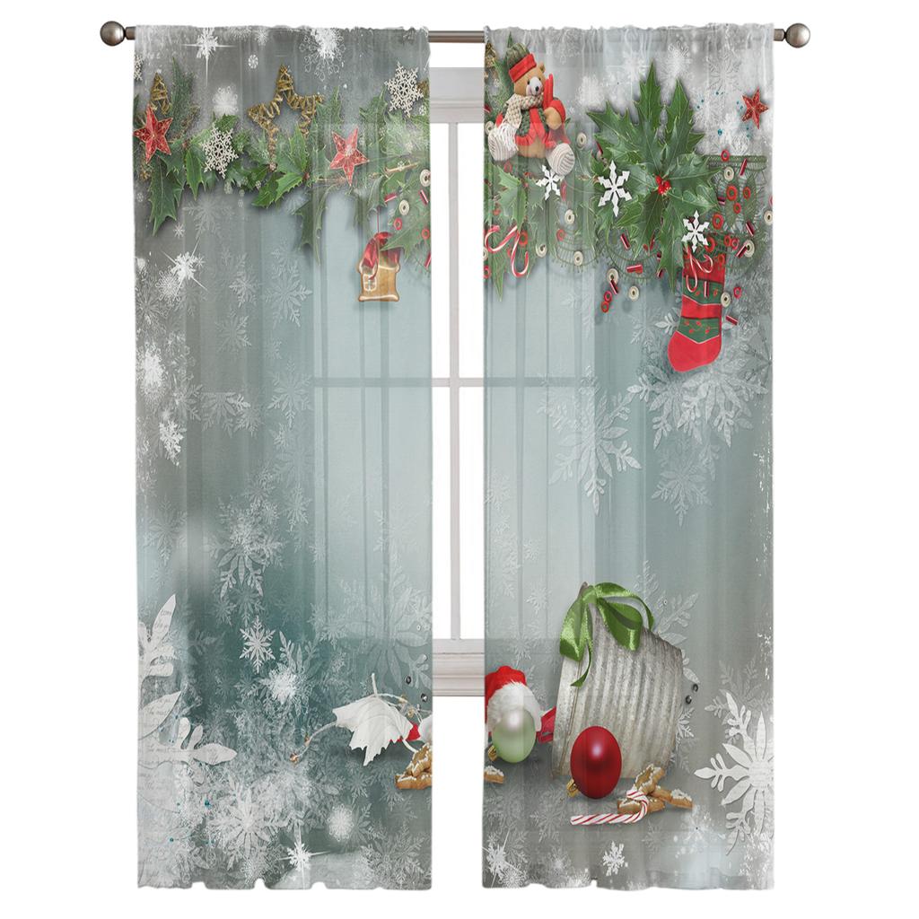 Christmas Bells Bears Decorative Balls Snowflakes Tulle Sheer Window Curtains Living Room Bedroom Voile Organza Curtains Drapes