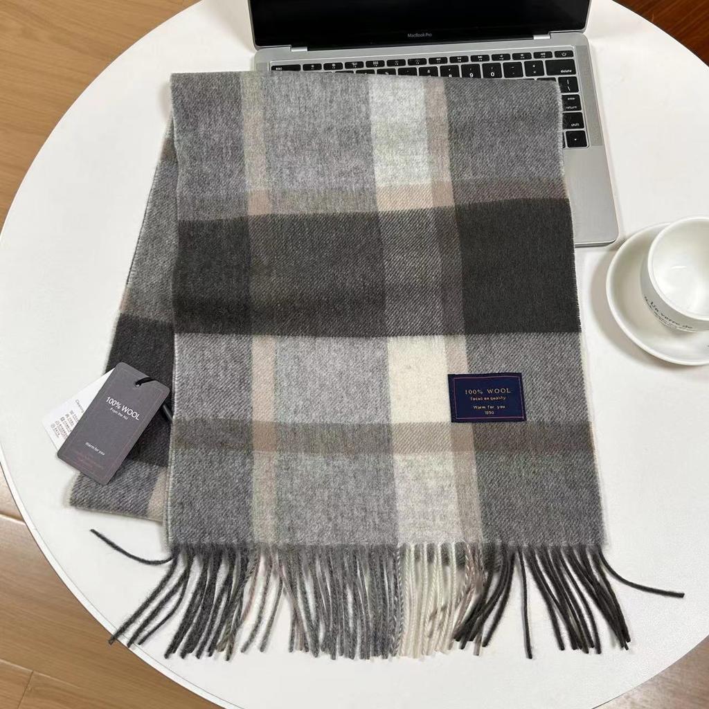 Men Scarf 100% Wool Plaid Warm Soft Muffler Female Winter Autumn Couple Cashmere Windproof Stripe Tassel Shawl Male Thick Scarf