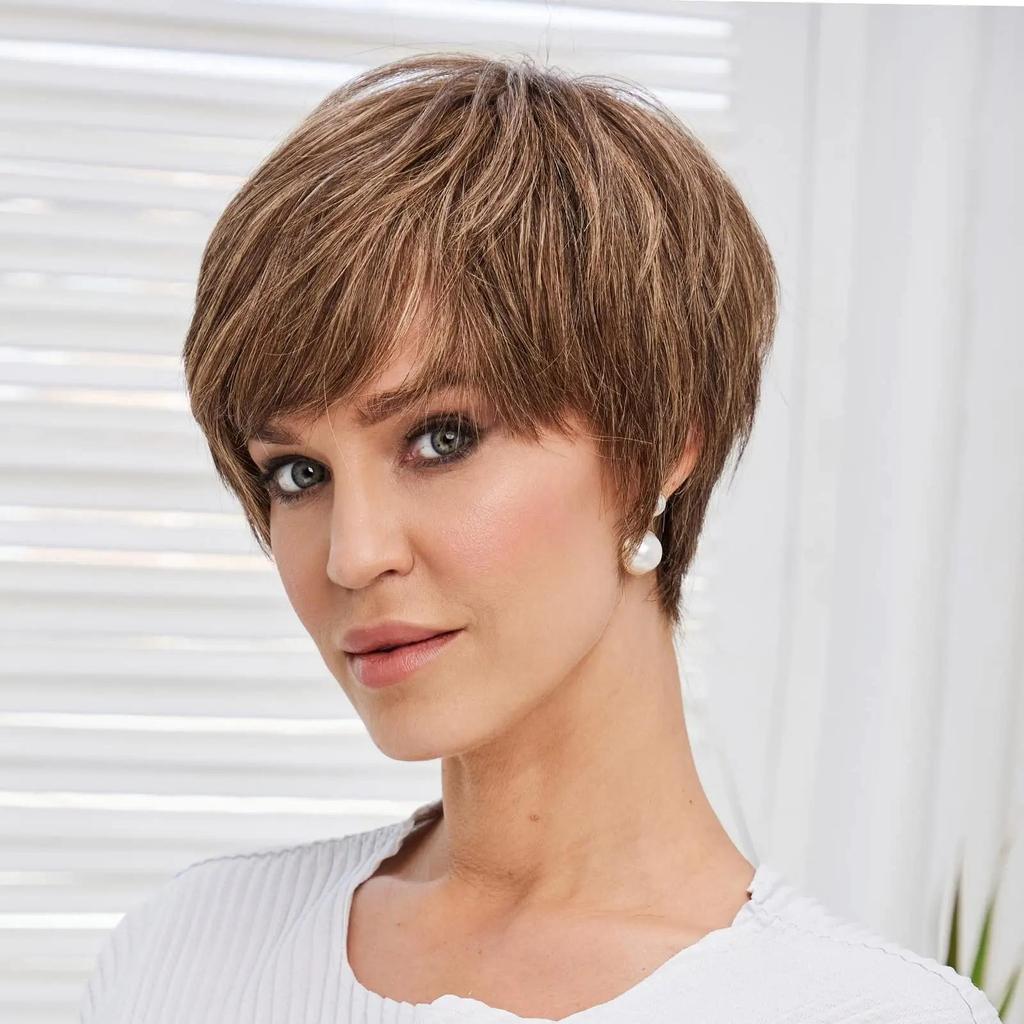 HAIRCUBE Bob Pixie Cut Шоколадно-коричневые прямые многослойные парики из человеческих волос Remy с челкой Короткие натуральные бесклеевые парики из человеческих волос для женщин