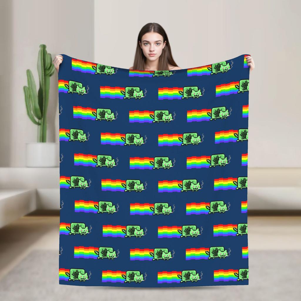 Cat Rainbow Pixel Space Nyans Blanket Flannel Textile Decor Multifunction Soft Throw Blankets for Bedding Couch Rug Piece