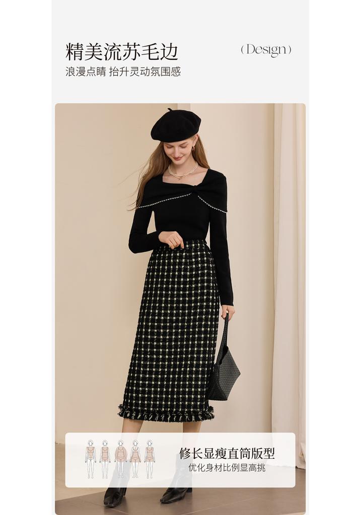 Tassel woolen plaid skirt