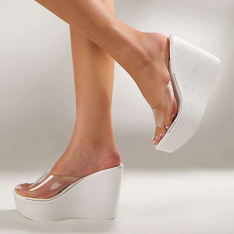 Liyke летние 11 см танкетки тапочки для женщин высокие каблуки модные сандалии с открытым носком на платформе ПВХ прозрачные туфли женские шлепанцы