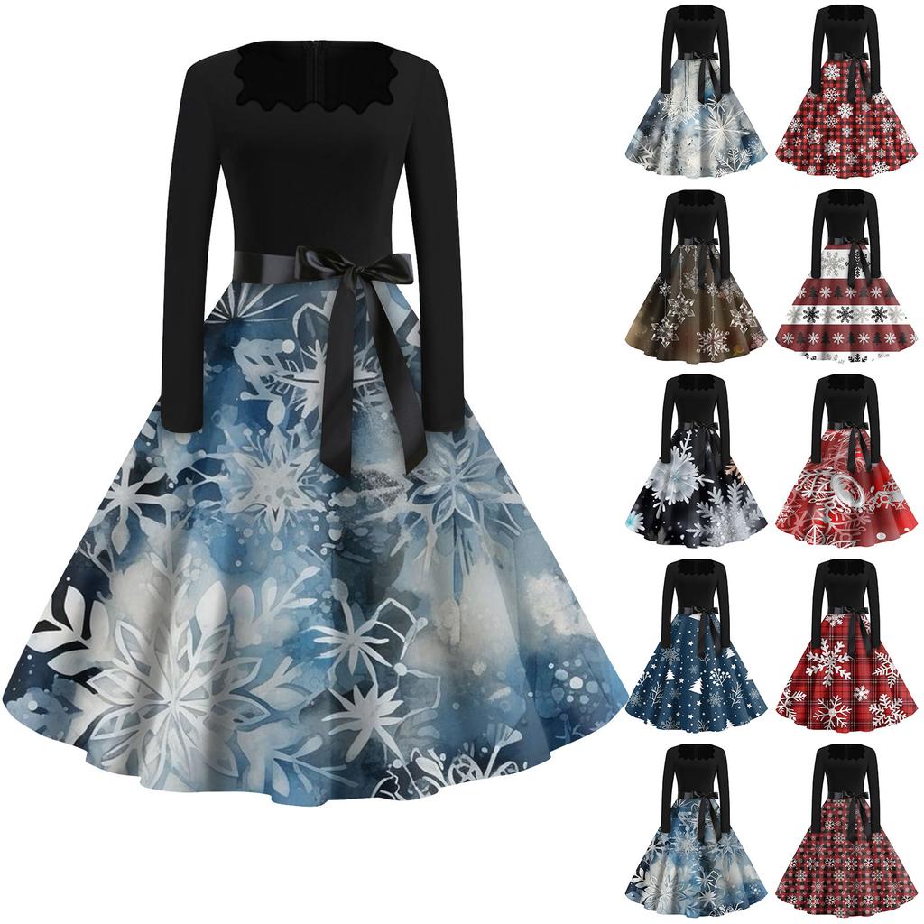 Женская мода с квадратным вырезом, повседневные тонкие рождественские платья с длинным рукавом и принтом
