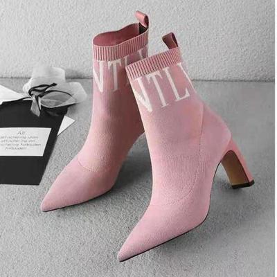 Зимние вязаные сапоги на высоком каблуке для женщин, трансграничные сапоги большого размера с толстым грубым каблуком и острым носком 35-43