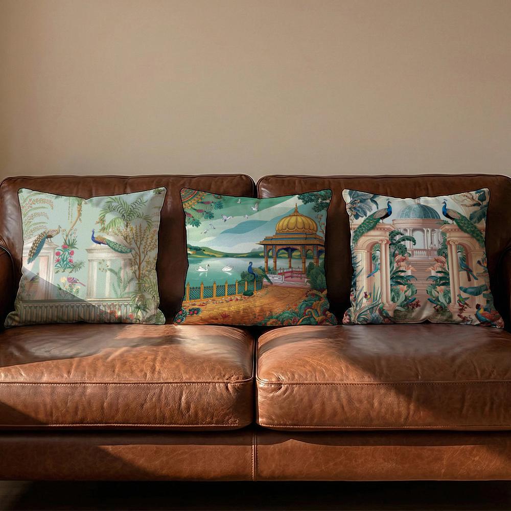 Mughal Garden with Peacock Cushion Cover Soft Reversible Durable Pillow Cover MultiScene Use for Home Car Daily Comfort