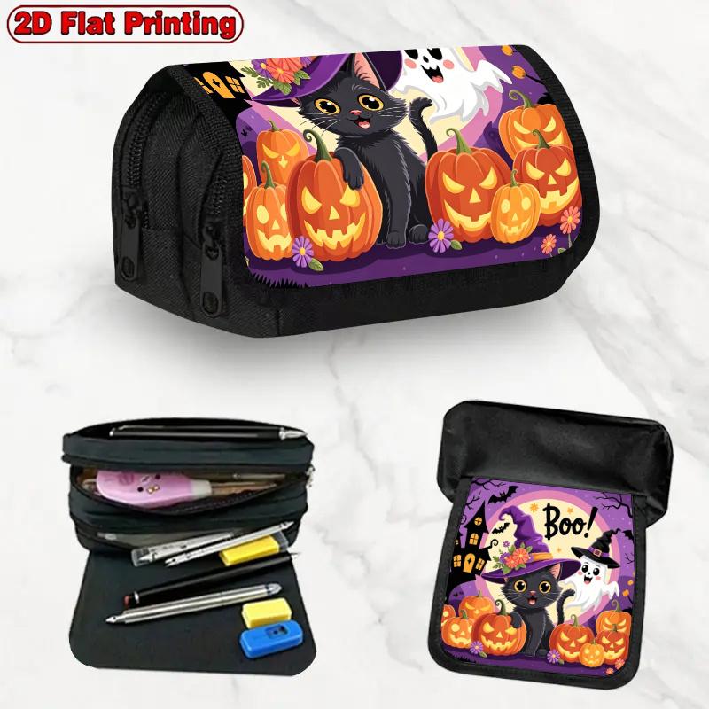 1pc Cute Witch Cat & Pumpkin Purple Pencil Case Suitable for Schools, Offices, Travel - Double Layer Flip Cover with Zipper Closure, Multi-Layer Stora