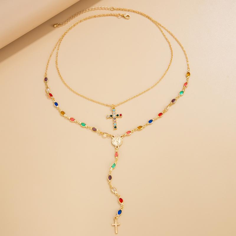 Fashionable Light Luxury Jesus Cross Pendant Necklace Set For Women Trendy Colorful Crystal Chain Choker Christian Jewelry Gift