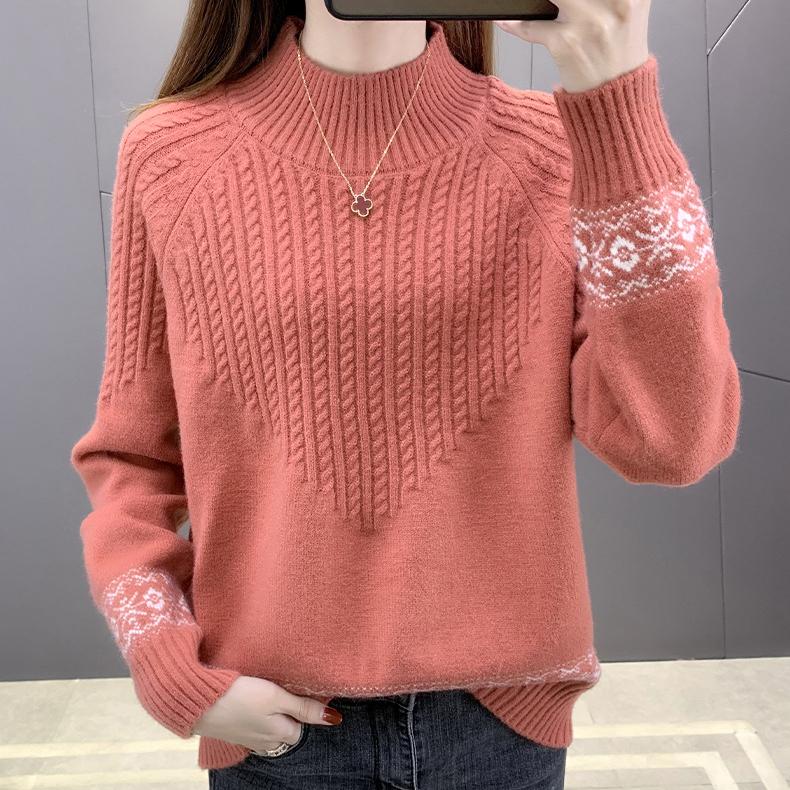 Осенне-зимний женский свитер с полувысоким воротником, свободный, толстый пуловер, вязаный топ, жаккардовый, эластичный вязаный топ, джемпер.