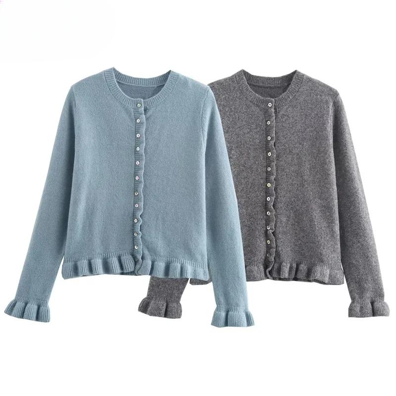 Sweater Cardigans Ruffle Long Sleeve Knitted Cardigan For Women Autumn Bolero Knitwears Button-Down Bluey Gray Cardigan
