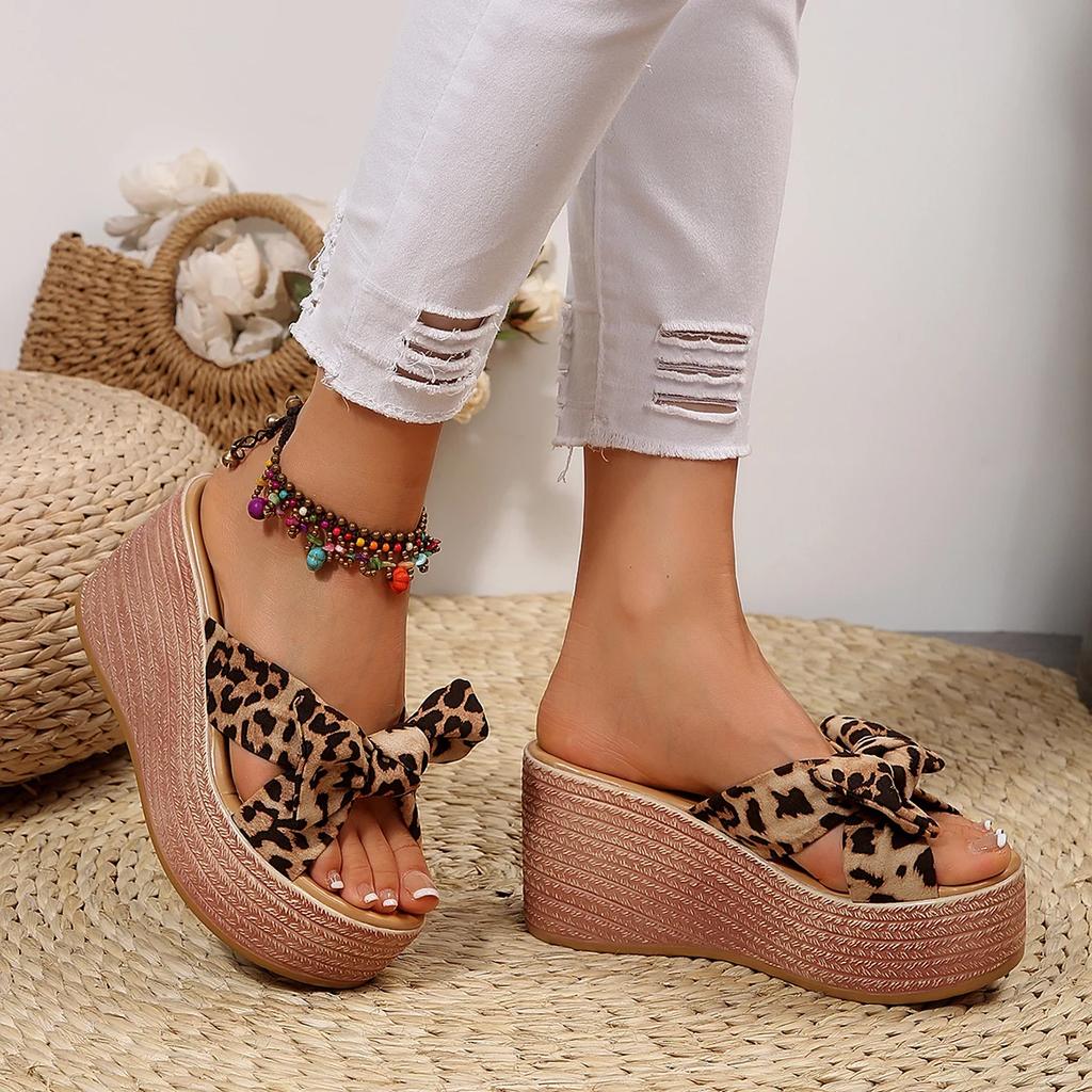 Summer Women Wedge Slippers Leisure Large Size Women Shoes Leopard Print Bow Tie Platform Slippers Outdoor Sandals Slides Women