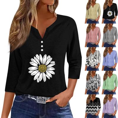 Жен. Футболка Футболка С принтом Пуговицы Рукав 3/4 Повседневные Выходные Мода Классический Классический V-образный вырез Обычный Верх