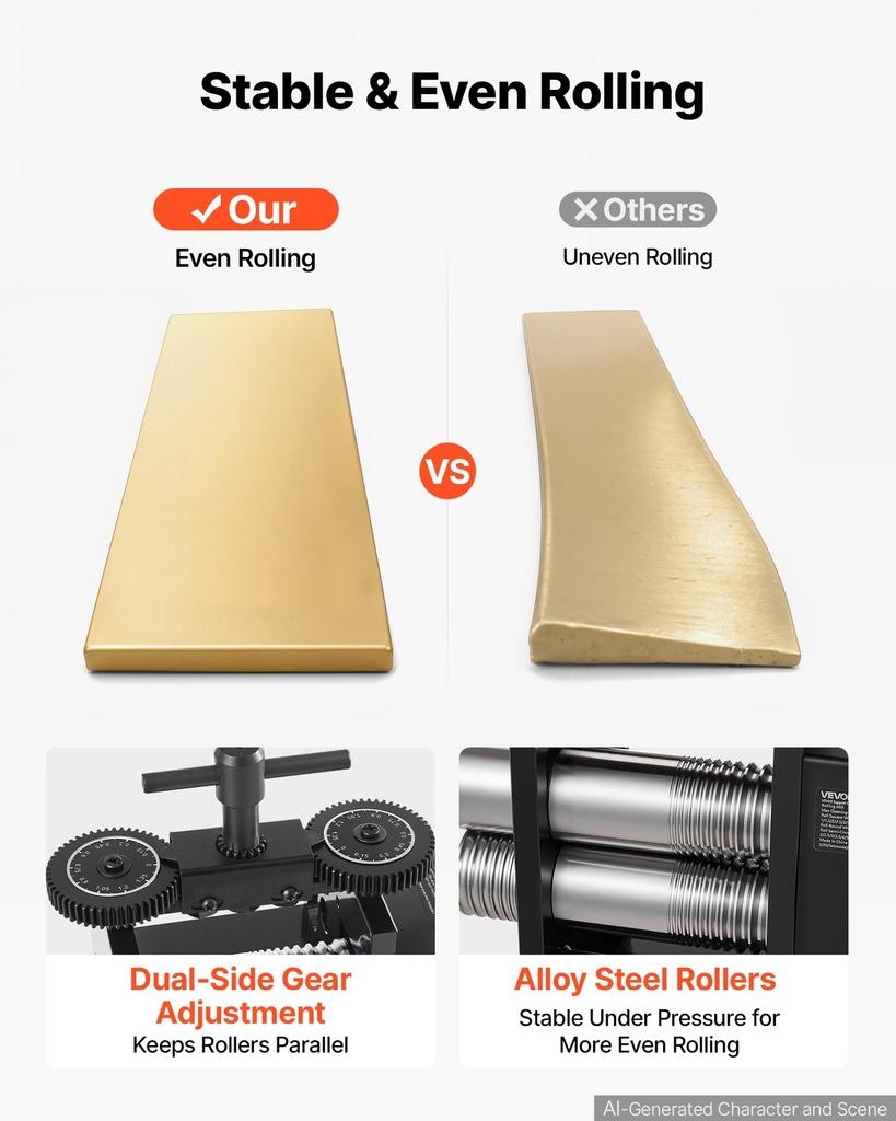 Rolling Mill 4-in-1 Round Flat Square Half-Round Pressing Roller Mill, Manual Jewelry DIY Tool, 0.03-7 mm Adjustable Thickness, Stable & Even Rolling,