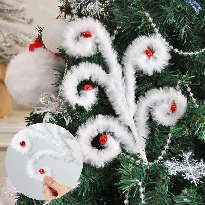 4pcs/set Faux Rabbit Fur Christmas Tree Decorations with Candy Bells Branches Polyester Holiday Ornaments for Xmas Decor