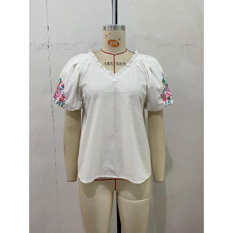 Женская летняя повседневная модная рубашка с V-образным вырезом и вращающейся манжетой, вышитая