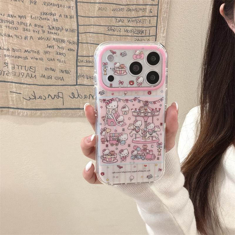 Kawaii Pink Cate Amusement Park Clear Case For iPhone 17 16 15 14 Pro Max with Beaded Chain Double Layer Glitter Shockproof Case