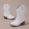 White Embroidered Irregular Thick Heel Round Toe Slip-On Knight Boots - Versatile and Elegant Fashion for Women