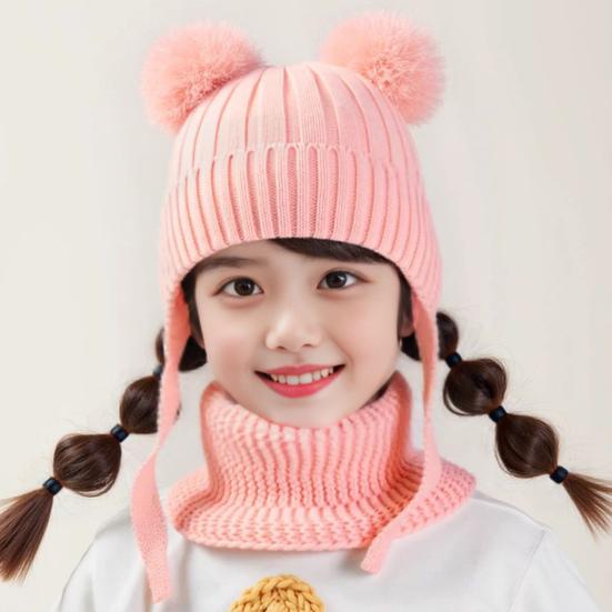 2 шт./набор Детская зимняя шапка и шарф Набор Декор плюшевым помпоном Однотонный Плюшевая подкладка Вязаная шапка Теплый комплект шарфа