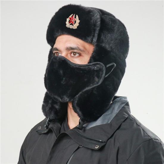 Зимняя шапка унисекс Lei Feng Hat Полная защита Утолщенный искусственный мех кролика Мягкая ветрозащитная теплая мягкая бейдж Декор Открытый Кемпинг Кепка для пешего туризма