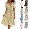 Women's Fashion Casual V Neck Short Sleeve Ruffled Vintage Printed Dresses