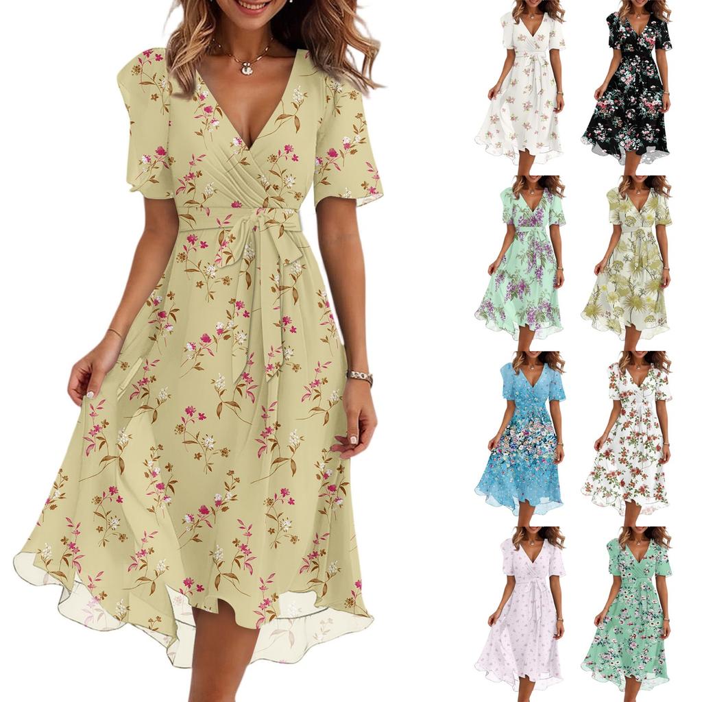 Women's Fashion Casual V Neck Short Sleeve Ruffled Vintage Printed Dresses