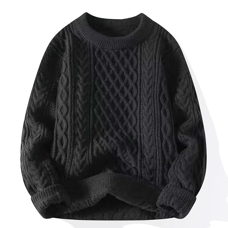 Men Trendy Knitted Sweater Casual Warm Inner Loose-fit Pullover Cozy Round Neck Soft Supple Fall Winter Fashion