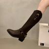 Vintage Leather Boots Women Belt Buckle Pointed Platform Western Cowboy Boots Autumn Winter Deep Vmouth High Tube Casual Boots