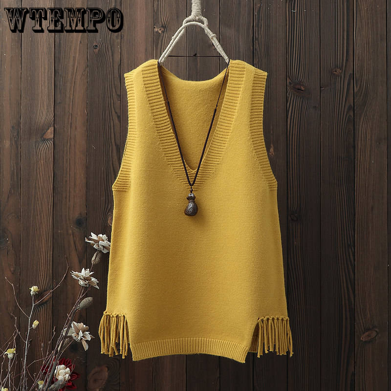 Sweater Vest Women Y2k Hem Fringed Crop Knit Vest Women Vintage Top Loose Pullover Jumper V-neck Solid Waistcoat Spring Autumn