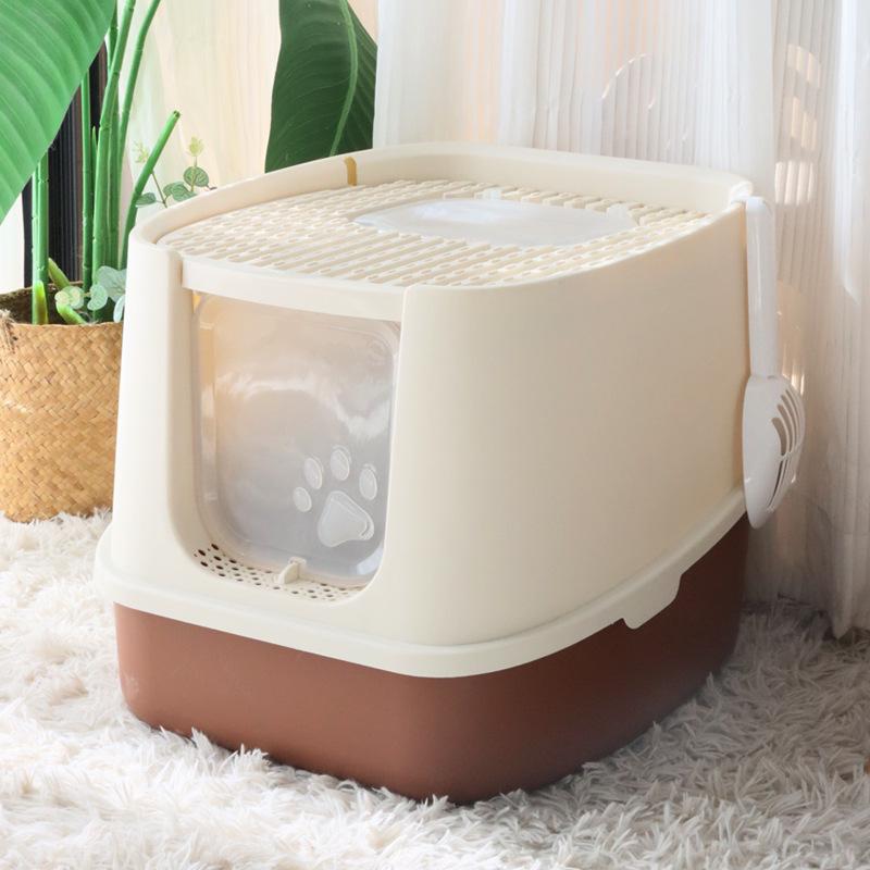 Очень большой, полностью закрытый, легкоочищаемый кошачий туалет с дезодорирующими и съемными функциями, в комплект входит совок для мусора