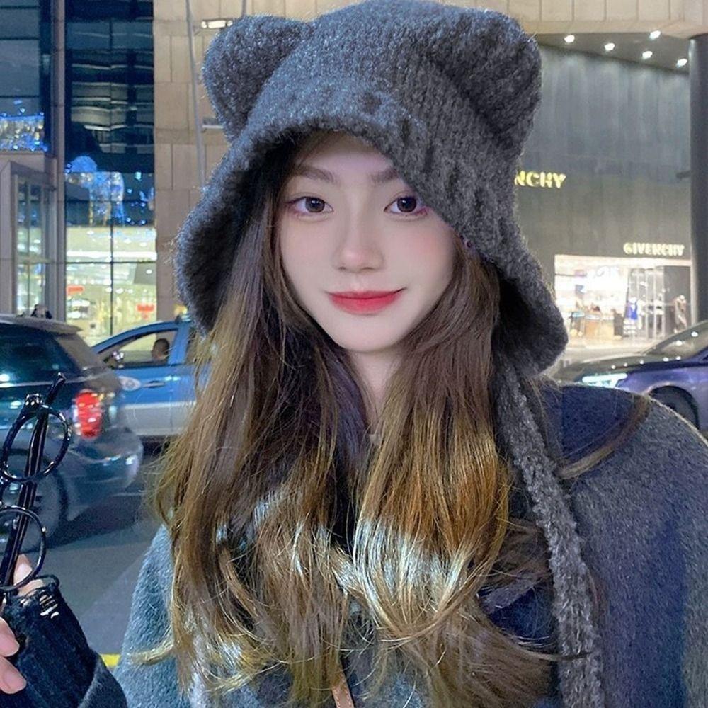 Милая плюшевая вязаная шапка с медведем Harajuku Y2K шапки-бини модная шапка с ушками медведя из овечьей шерсти для девочек