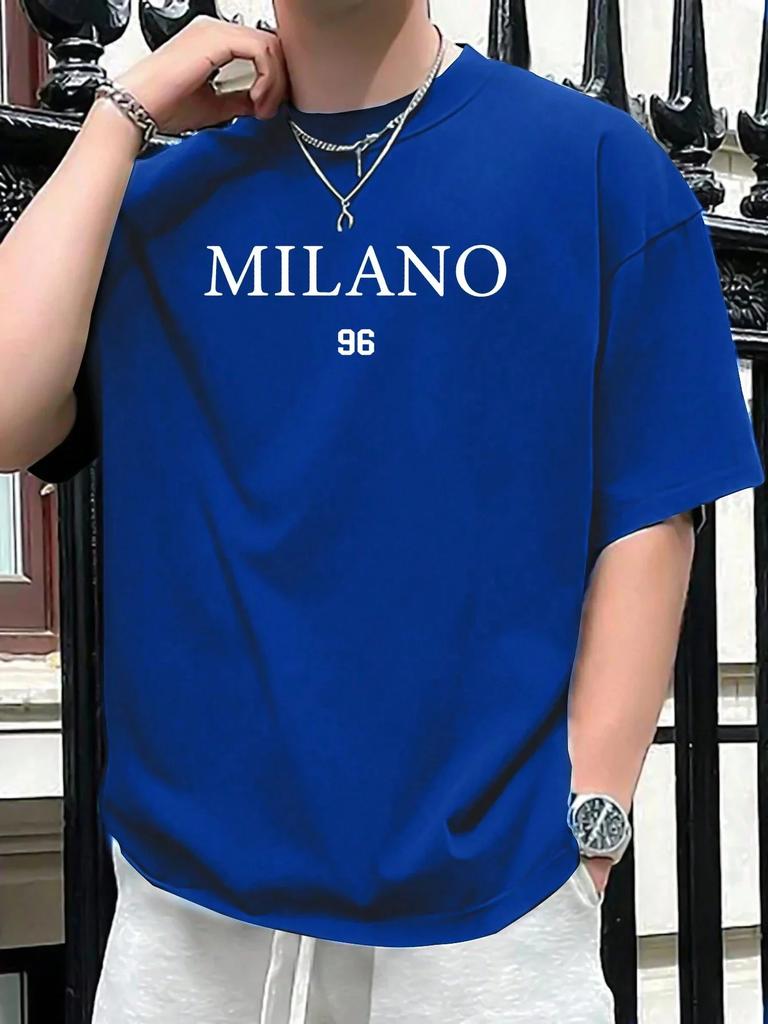 Summer New Men 100% Cotton Loose Size MILANO 96 Letter Printed Slim-fit Casual Sports Round Neck Short Sleeve T-shirt Top