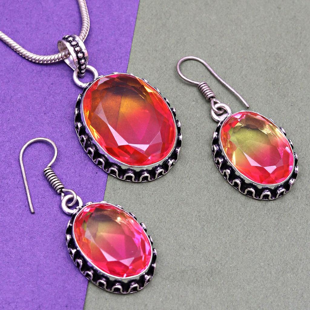 Tourmaline Set Gemstone Gift Wedding Party Bi-Color Pendant,Earring,Ring