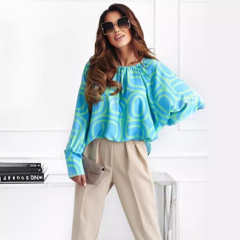 Spring Women's Flutter Print Long Sleeve Round Neck Shirt