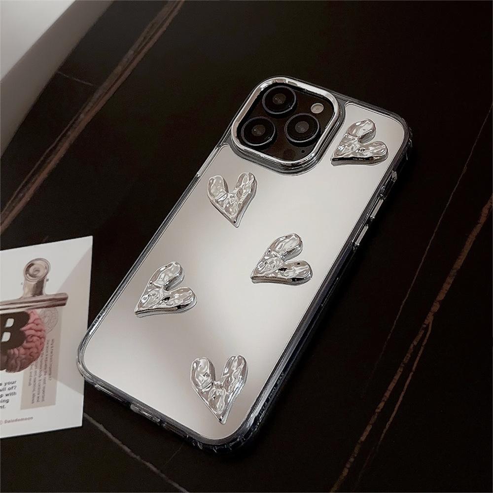 3D гальванический чехол Сердце 13 для iPhone 17/15 Pro Max, Зеркальная поверхность iPhone 16, Высококачественный 14 Жесткий чехол