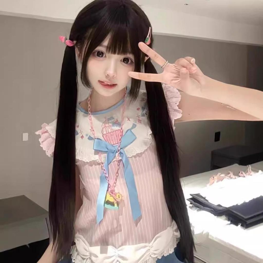 Парик JK Sweet Girl Lolita, натуральный черный, длина 85 см, с бакенбардами и прямой челкой