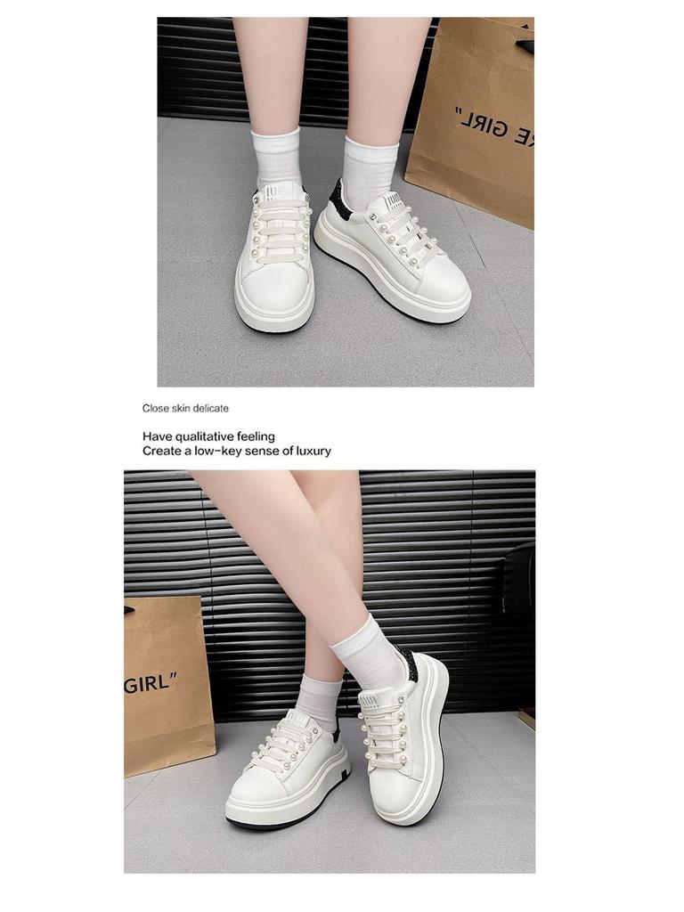 Pearl Women's High-End White Sneakers - Spring/Autumn Thick Sole, Height-Boosting, Versatile Sports Casual Shoes