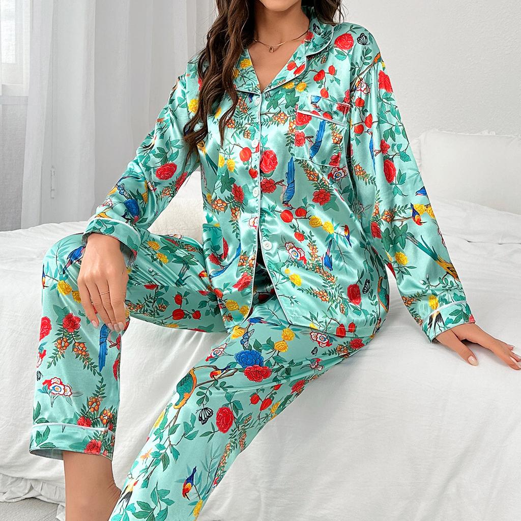 Весна осень Свободный Удобный Пижамный Костюм Цветочный Принт Женская Пижама Ice Silk Домашняя Одежда Длинный Рукав Комплект из двух предметов Femme Satin