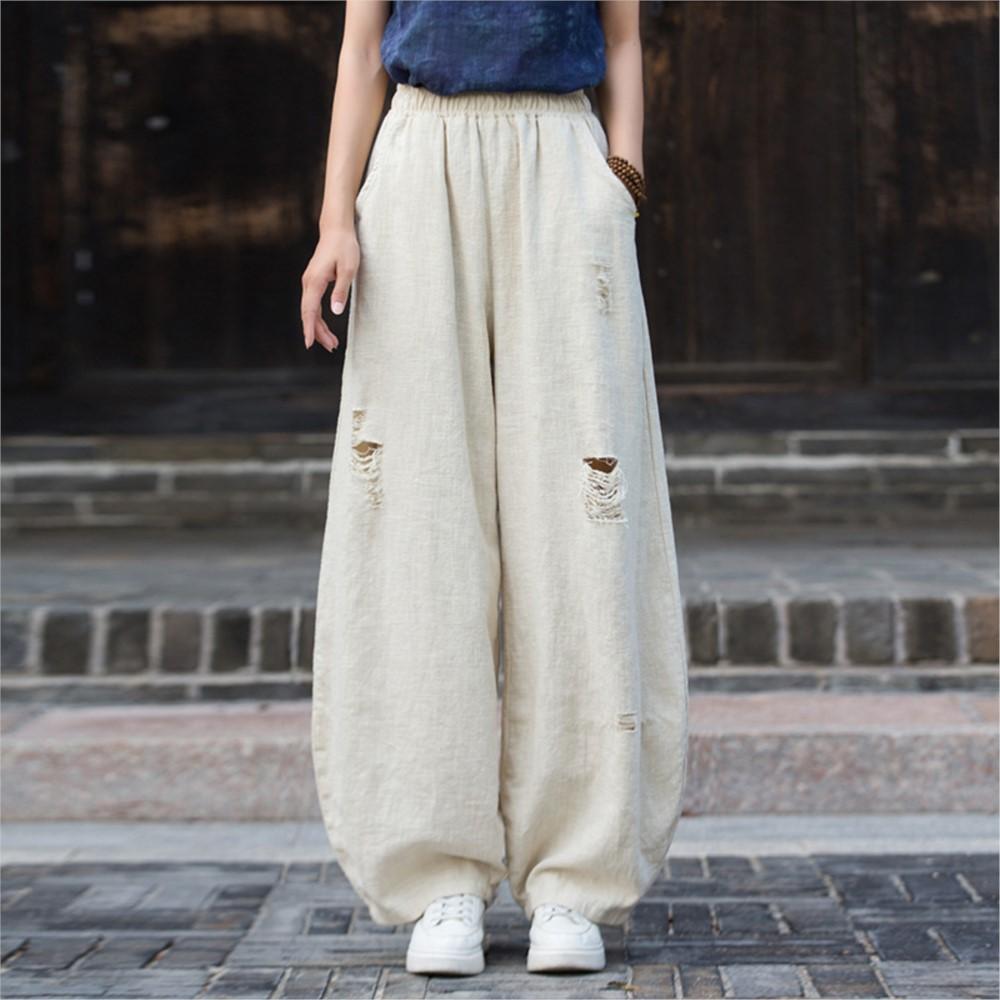 Johnature Women Vintage Bloomers Pants Elastic Waist Autumn Trousers Solid Color Loose Hole Long Pants