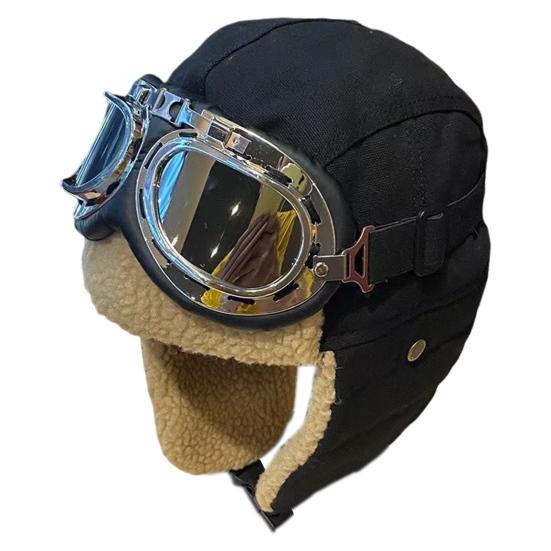 Unisex Winter Hat with Goggles Thickened Velvet Lined Ear Protection Fuzzy Windoroof Buckle