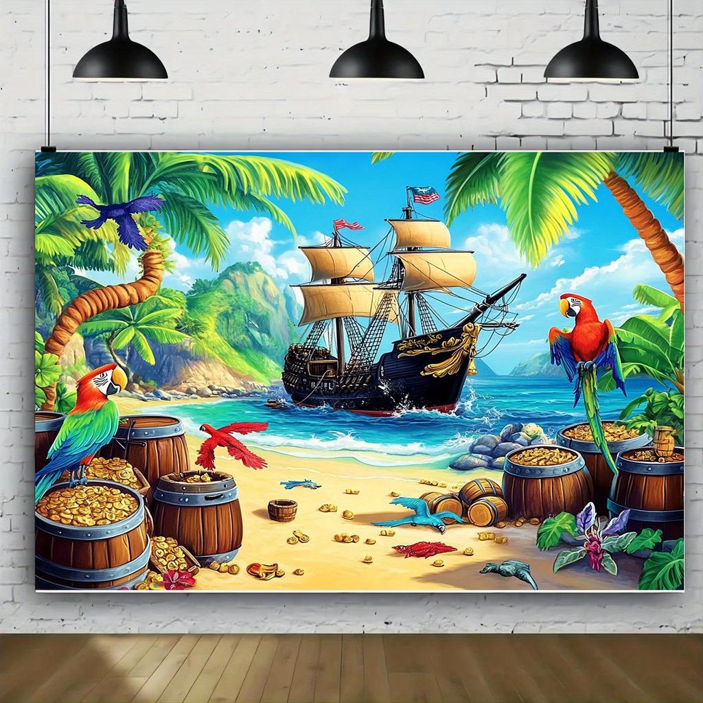 2D advertising poster, set against a backdrop of a pirate ship party - a vibrant tropical scene featuring sailing ships