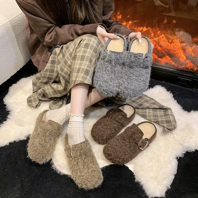 Ретро фетровые толстоподошвенные тапочки-полусапожки с закрытым носком, женская уличная обувь, осень-зима 2025, новые бархатные высококлассные хлопковые тапочки Мюли