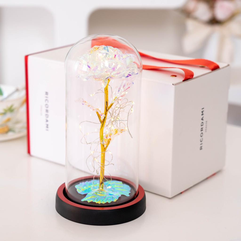 Small New Glass Dome Flower Artificial LED Galaxy Rose for Christmas Business Promotion Birthday Gift Box Package for Boyfriend
