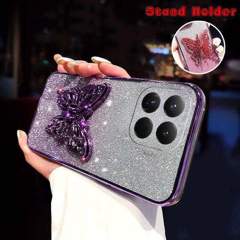 For Xiaomi 15T Pro Case with Cute Butterfly Stand Luxury Slim Gradient Clear Plating Glitter Girls for Xiaomi 15T Back Cover