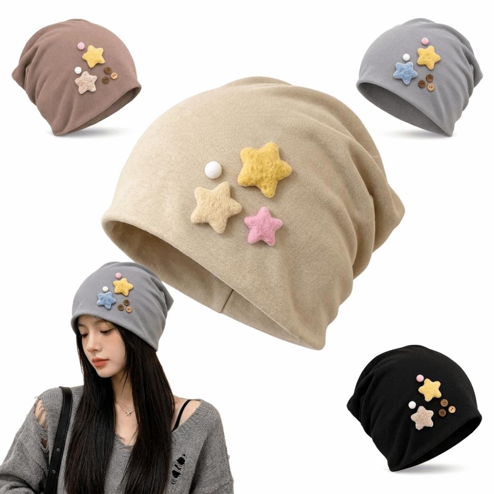 Star Detail Slouchy Beanie Japanese Style Skull Cap Durable Pull-On Hat Outdoor