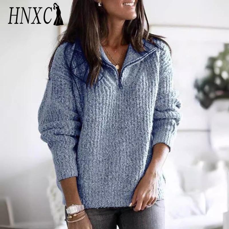 HNXC Женская мода, повседневный однотонный принт, осень-зима, свободные свитера с длинным рукавом и воротником-молнией