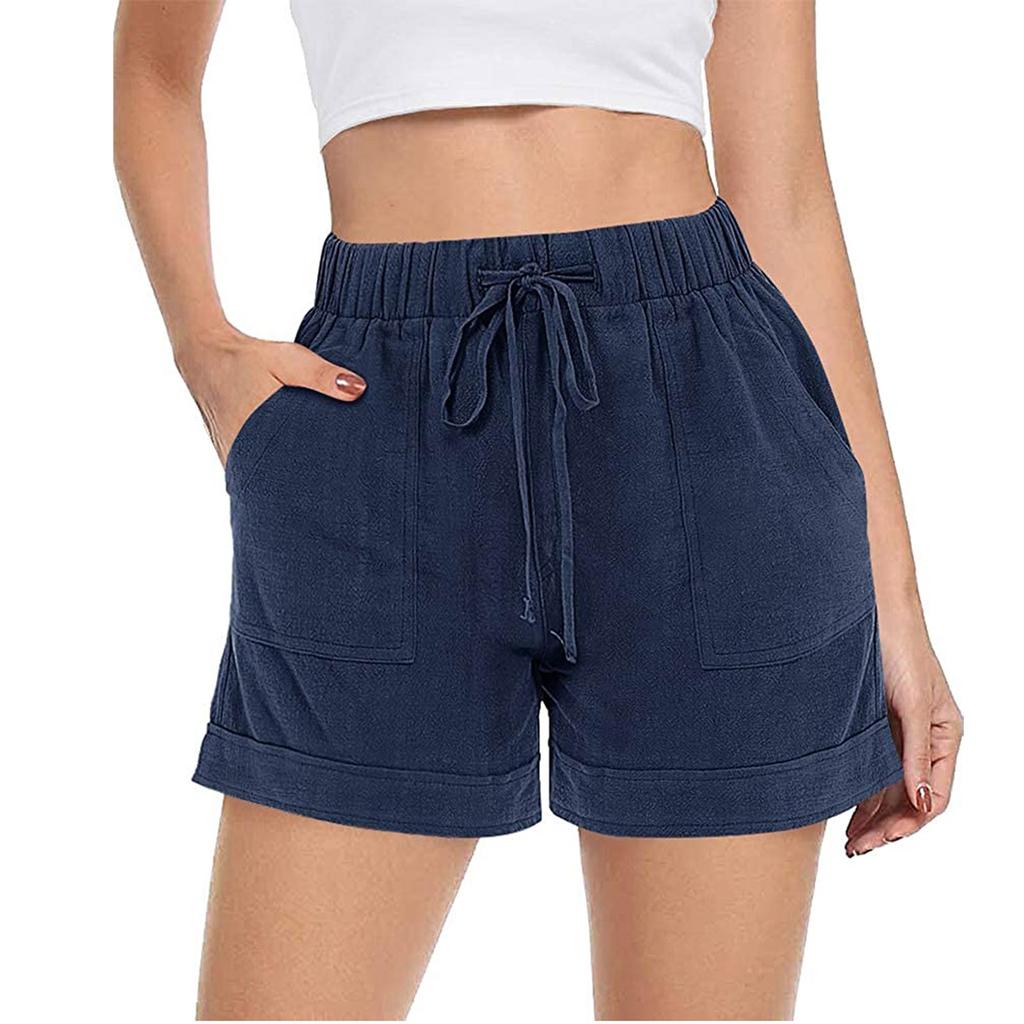 Женские однотонные шорты с уздечкой и карманами для свободного времени, шорты с эластичной резинкой на талии, брюки
